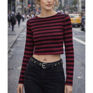 🎬✨ Umbrella Academy Forever 21 Red Black Striped Crop Top Goth Grunge Y2K